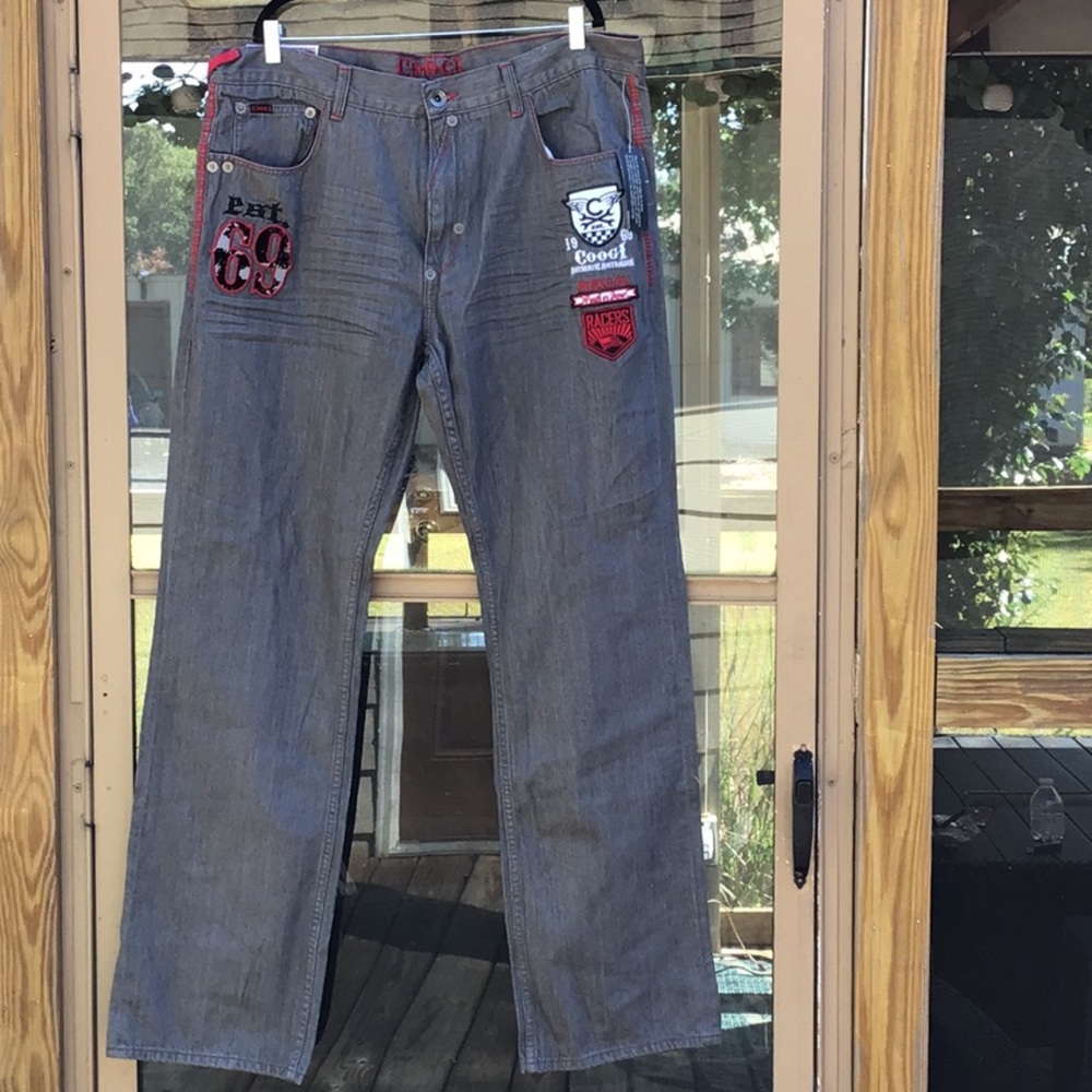 COOGI Men's Big & Tall Dark Gray Jeans W/Red Details Patch and Embroidered